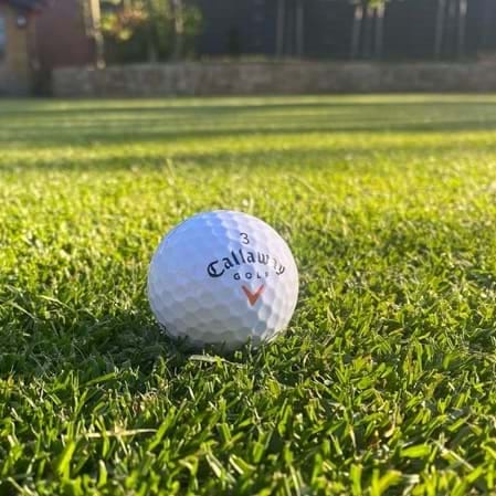 Ein Golfball liegt auf einem Rasen